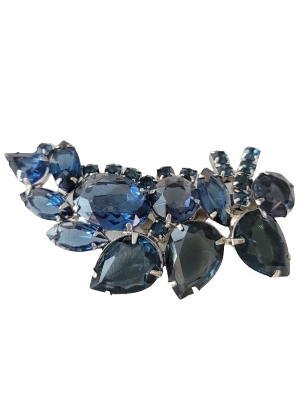 Silver Tone Prong Set Blue Rhinestone Cluster Leaf Brooch Pin E516